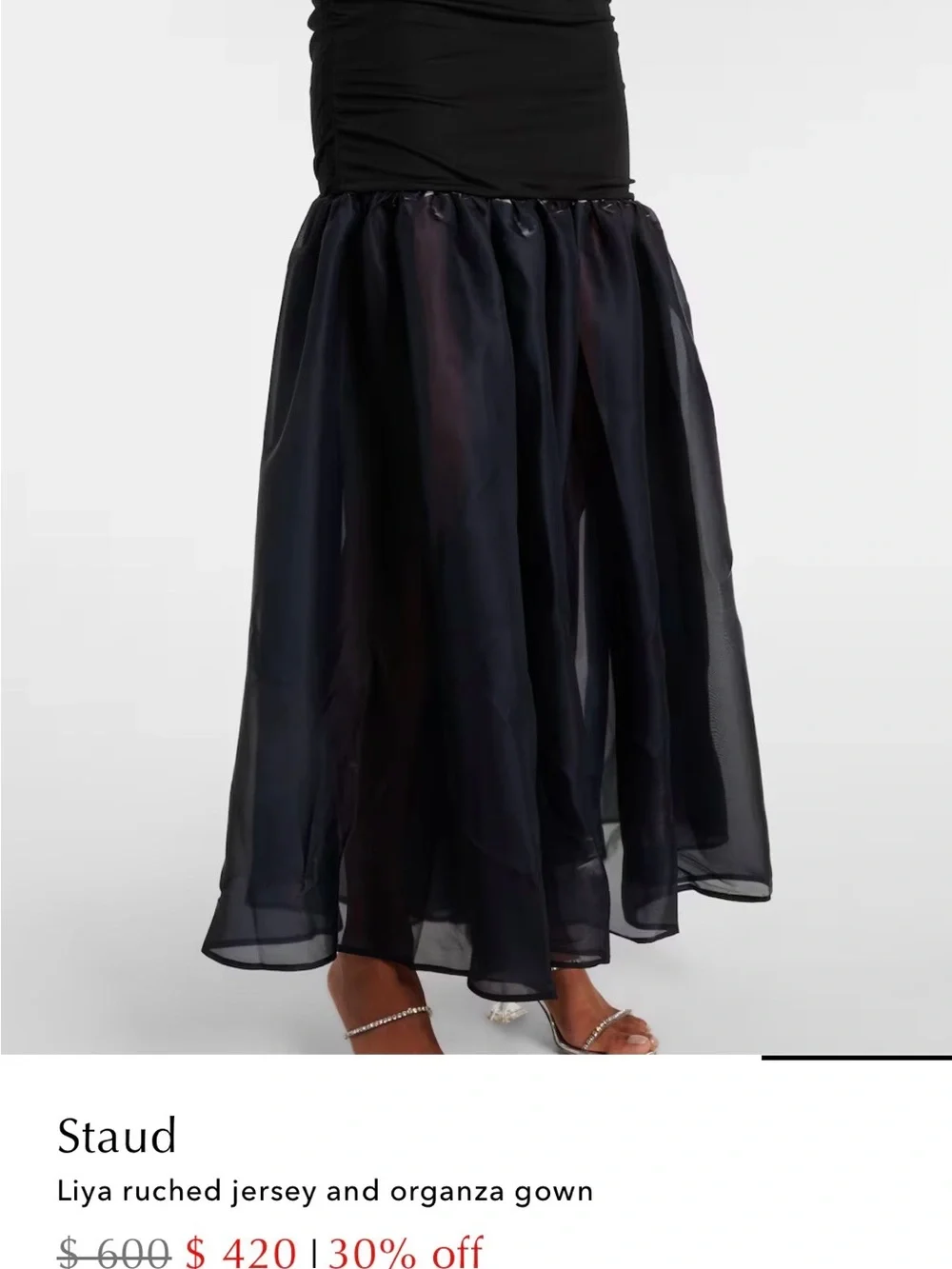 STAUD Black Ruched Jersey Top with Sheer Navy Organza Maxi Skirt - Picture 6 of 12